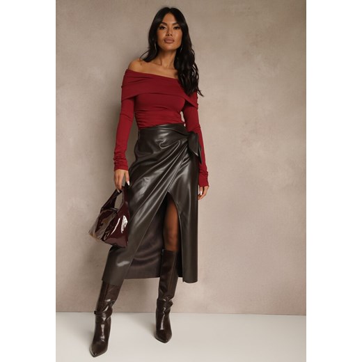 Brązowa Marszczona Spódnica z Imitacji Skóry o Kopertowym Kroju z Wiązaniem Seoselle ze sklepu renee.pl w kategorii Spódnice - zdjęcie 186634565
