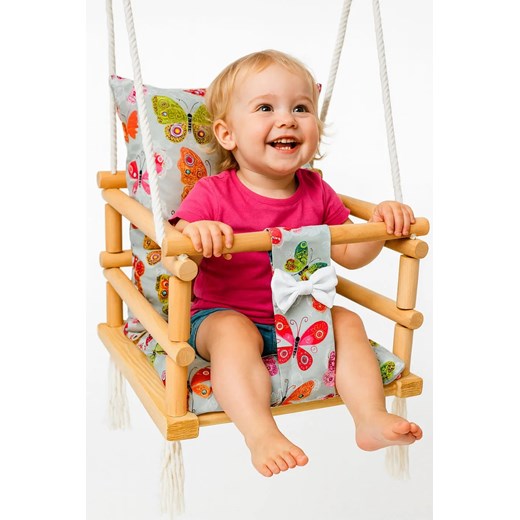 Szara huśtawka kubełkowa dla dzieci w motylki E0-G78 ze sklepu Edinos.pl w kategorii Pokój dziecięcy - zdjęcie 186634977