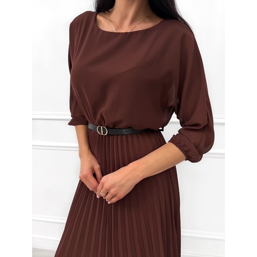 Czekoladowa Plisowana Sukienka z Paskiem Modnakiecka.pl 42 ModnaKiecka.pl