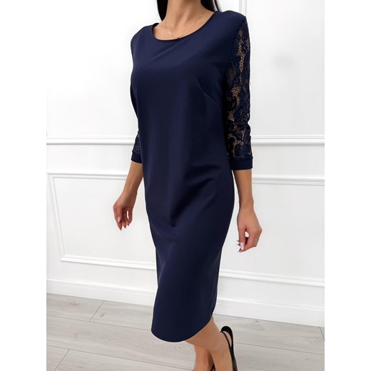 Granatowa Klasyczna Sukienka z Koronkowym Rękawem Modnakiecka.pl 44 ModnaKiecka.pl