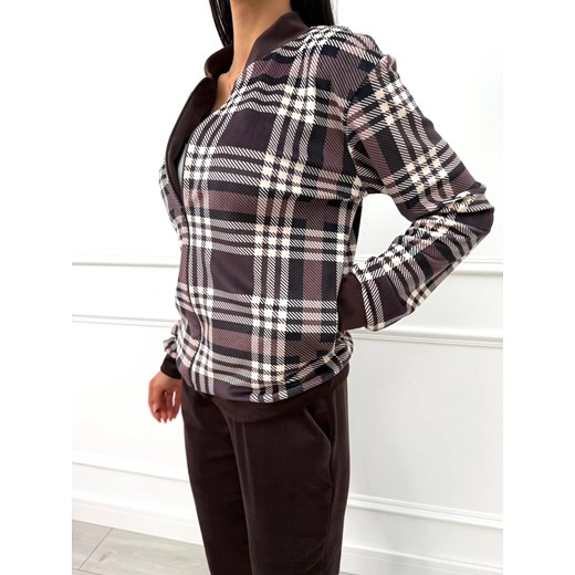 Czekoladowy Welurowy Komplet w Kratkę Modnakiecka.pl S/M ModnaKiecka.pl