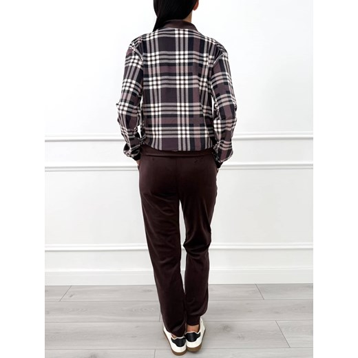 Czekoladowy Welurowy Komplet w Kratkę Modnakiecka.pl S/M ModnaKiecka.pl