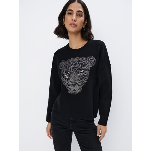 Mohito - Czarny sweter z ozdobnym naszyciem - czarny ze sklepu Mohito w kategorii Swetry damskie - zdjęcie 186659188