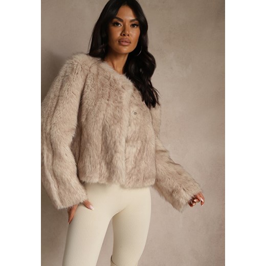 Beżowa Kurtka Futerko o Prostym Fasonie z Okrągłym Dekoltem Iddane ze sklepu renee.pl w kategorii Futra damskie - zdjęcie 186659658
