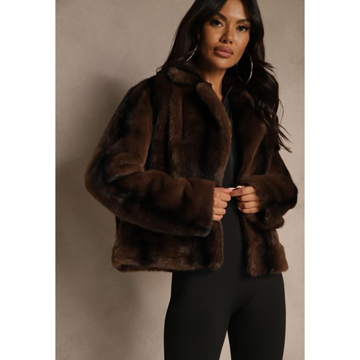 Brązowa Krótka Kurtka Futerko o Jednorzędowym Kroju Lanella ze sklepu renee.pl w kategorii Kurtki damskie - zdjęcie 186659676