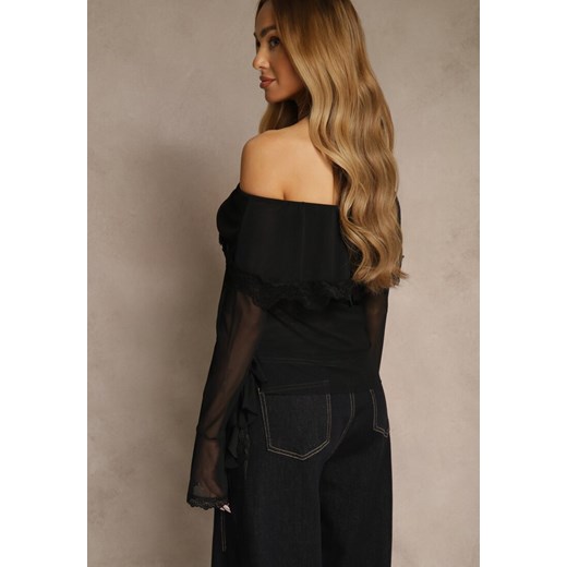 Czarna Bluzka Off Shoulder z Falbankami z Siateczki z Bawełny i Wiskozy Renee M renee.pl