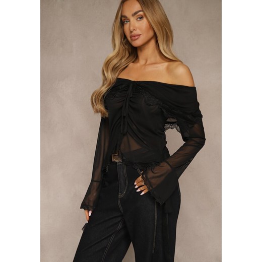 Czarna Bluzka Off Shoulder z Falbankami z Siateczki z Bawełny i Wiskozy Renee M renee.pl