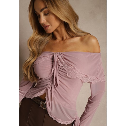 Różowa Bluzka Off Shoulder z Falbankami z Siateczki z Bawełny i Wiskozy Renee M renee.pl