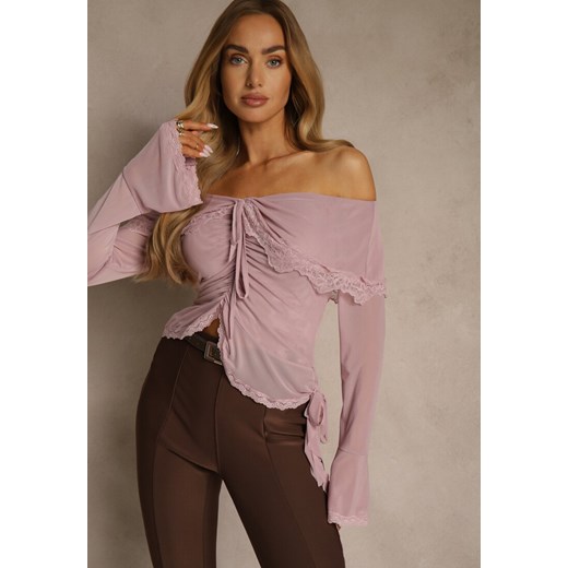 Różowa Bluzka Off Shoulder z Falbankami z Siateczki z Bawełny i Wiskozy Renee L renee.pl