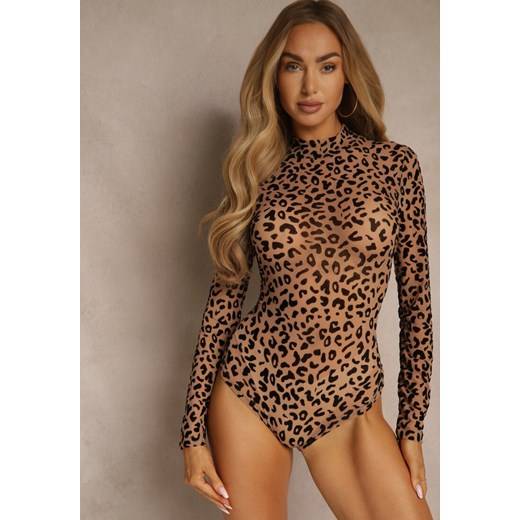 Beżowe Body Longsleeve ze Stójką w Panterkę z Dodatkiem Wiskozy Eclane ze sklepu renee.pl w kategorii Body damskie - zdjęcie 186659909