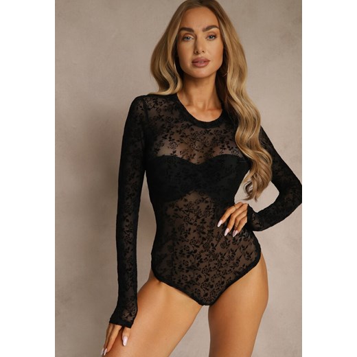 Czarne Body Longsleeve z Domieszką Wiskozy w Welurowy Wzór w Kwiaty Eclene Renee S renee.pl