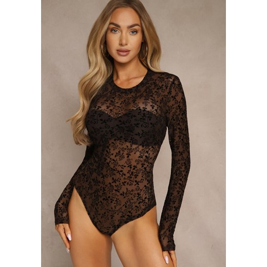 Brązowe Body Longsleeve z Domieszką Wiskozy w Welurowy Wzór w Kwiaty Eclene ze sklepu renee.pl w kategorii Body damskie - zdjęcie 186659918