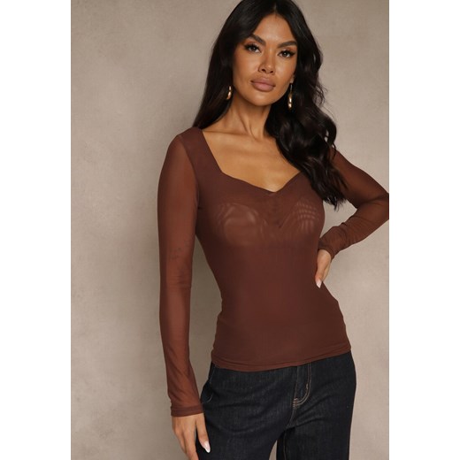 Brązowa Bluzka Longsleeve z Siateczki z Wiskozą z Dekoltem w Serce Elinevia Renee S renee.pl
