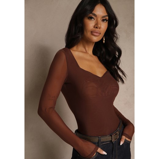 Brązowa Bluzka Longsleeve z Siateczki z Wiskozą z Dekoltem w Serce Elinevia Renee S renee.pl