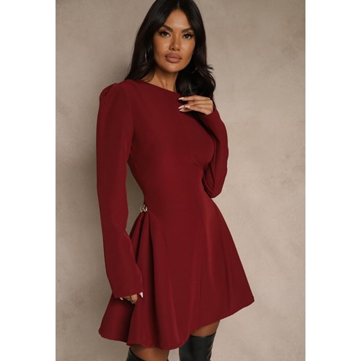 Bordowa Sukienka o Rozkloszowanym Kroju z Ozdobą z Boku Eleslia ze sklepu renee.pl w kategorii Sukienki - zdjęcie 186659998