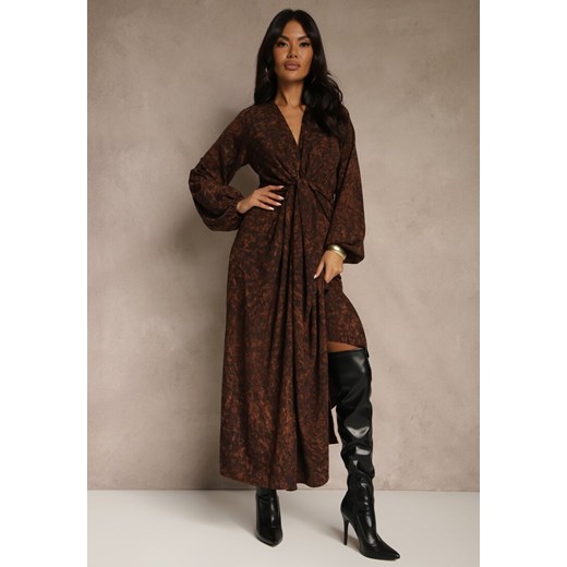 Brązowa Sukienka z Rozcięciem na Nogę Ozdobiona Marszczeniem Zozanne ze sklepu renee.pl w kategorii Sukienki - zdjęcie 186660037