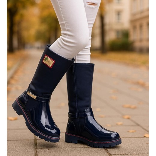 Granatowe dziewczęce kozaki z futerkiem /G5-1 18314 T255/ ze sklepu Pantofelek24.pl w kategorii Buty zimowe dziecięce - zdjęcie 186661475