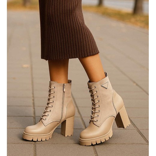 Damskie botki na obcasie Khaki /G12-1 18335 W305/ ze sklepu Pantofelek24.pl w kategorii Botki - zdjęcie 186661499