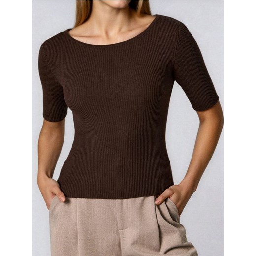 Sinsay - Swetrowa bluzka z krótkim rękawem z wiskozą - brązowy ze sklepu Sinsay w kategorii Bluzki damskie - zdjęcie 186665415