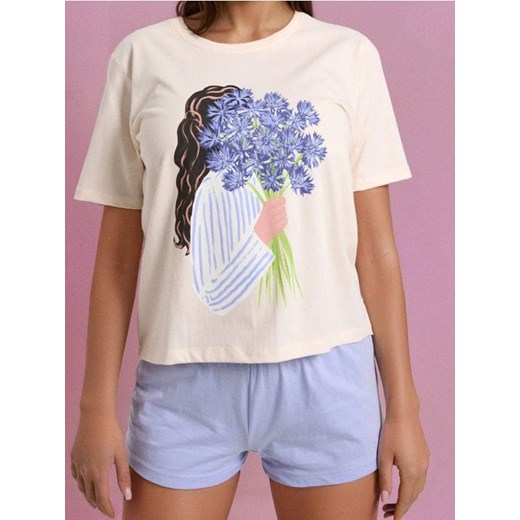 Sinsay - Bawełniana piżama dwuczęściowa z nadrukiem - kremowy ze sklepu Sinsay w kategorii Piżamy damskie - zdjęcie 186665469