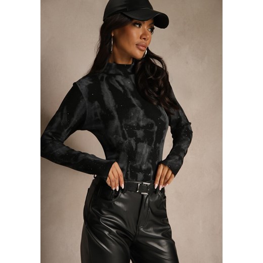 Czarna Marszczona Bluzka Longsleeve z Półgolfem Ralinda ze sklepu renee.pl w kategorii Bluzki damskie - zdjęcie 186666597