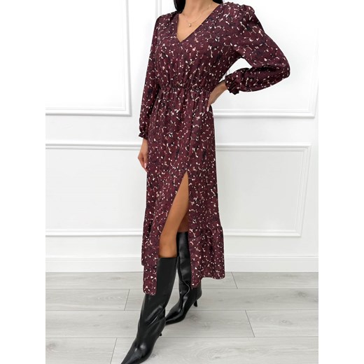 Bordowa Sukienka Midi ze Wzorem i Rozcięciem Modnakiecka.pl S/M ModnaKiecka.pl