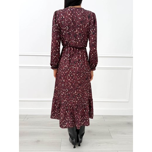 Bordowa Sukienka Midi ze Wzorem i Rozcięciem Modnakiecka.pl S/M ModnaKiecka.pl