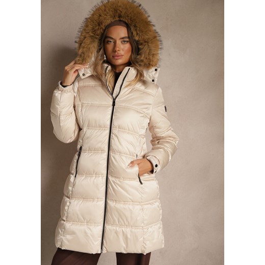 Beżowa Pikowana Kurtka o Długim Fasonie z Odpinanym Kapturem z Futerkiem  Fenalda ze sklepu renee.pl w kategorii Kurtki damskie - zdjęcie 186668317