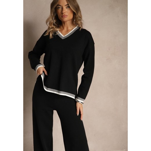 Czarny Komplet Dzianinowy Sweter i Spodnie Wide Leg z Ozdobną Lamówką Ralenia Renee L renee.pl