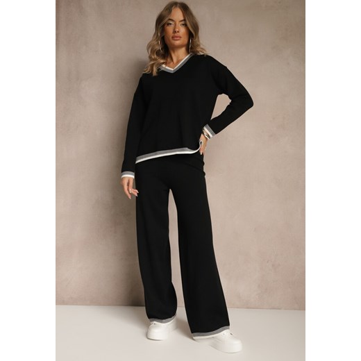 Czarny Komplet Dzianinowy Sweter i Spodnie Wide Leg z Ozdobną Lamówką Ralenia Renee XL renee.pl