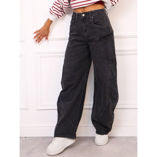 SPODNIE JEANSOWE Z NOGAWKAMI TYPU BARREL- CZARNE ze sklepu olika.com.pl w kategorii Jeansy damskie - zdjęcie 186669368