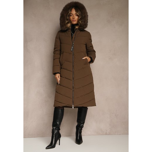 Brązowa Pikowana Kurtka o Długim Kroju z Kapturem z Futrem Galianesa ze sklepu renee.pl w kategorii Kurtki damskie - zdjęcie 186671916