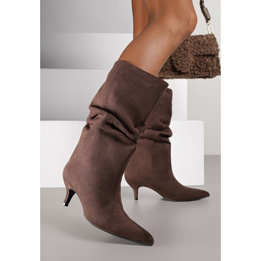 Brązowe Marszczone Botki na Obcasie Typu Kaczuszka Nalonia 37 born2be.pl