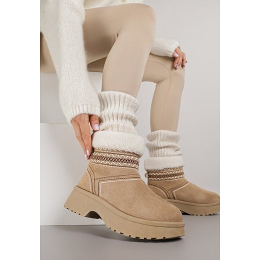 Ciemnobeżowe Wsuwane Śniegowce Zdobione Hafem i Futerkiem Miosadia ze sklepu born2be.pl w kategorii Śniegowce damskie - zdjęcie 186672335