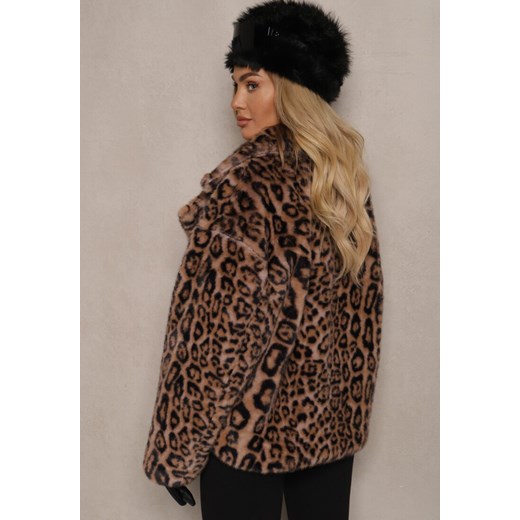 Brązowa Futrzana Kurtka w Panterkowy Print z Kieszeniami Delinnea Renee S wyprzedaż renee.pl