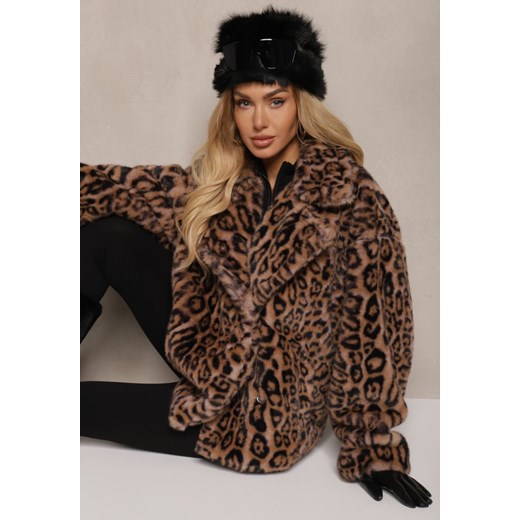 Brązowa Futrzana Kurtka w Panterkowy Print z Kieszeniami Delinnea Renee M renee.pl okazja