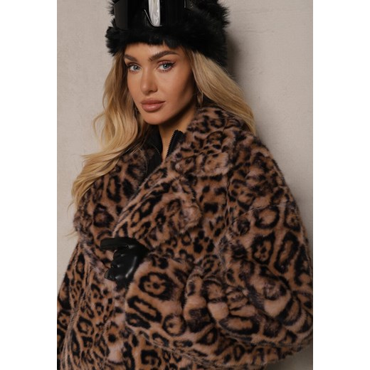 Brązowa Futrzana Kurtka w Panterkowy Print z Kieszeniami Delinnea Renee XL okazja renee.pl