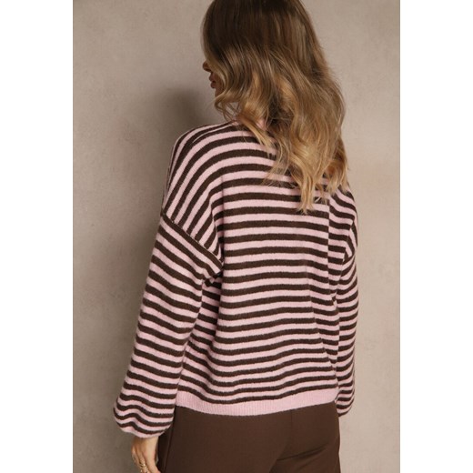 Różowy Oversizowy Sweter w Paski z Domieszką Wełny i Wiskozy Tidania Renee ONE SIZE renee.pl