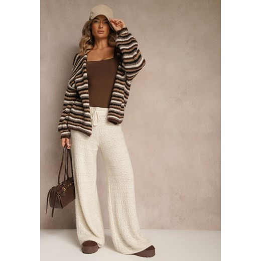 Beżowe Spodnie Wide Leg z Dzianiny z Dodatkiem Wełny i Wiskozy Tiesania ze sklepu renee.pl w kategorii Spodnie damskie - zdjęcie 186672527