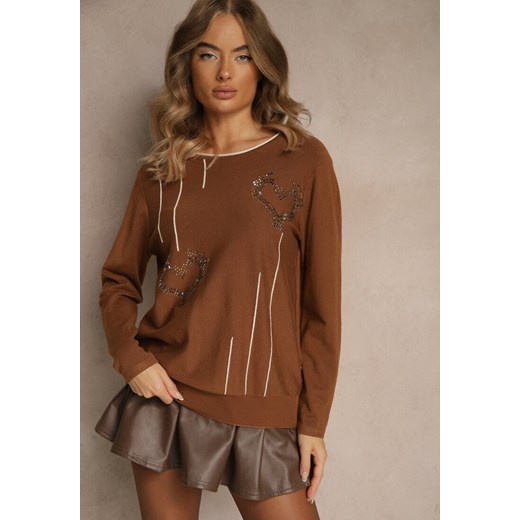 Brązowy Sweter z Cyrkoniowymi Sercami Unorevia ze sklepu renee.pl w kategorii Swetry damskie - zdjęcie 186672537