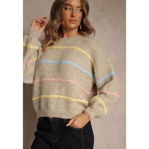 Beżowy Sweter o Nietoperzowym Fasonie z Dodatkiem Wełny w Paseczki Ralinatia ze sklepu renee.pl w kategorii Swetry damskie - zdjęcie 186678817