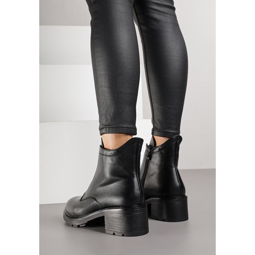Czarne Botki ze Skóry Naturalnej na Słupku Ozdobione Przeszyciami Deleisa Renee 36 renee.pl