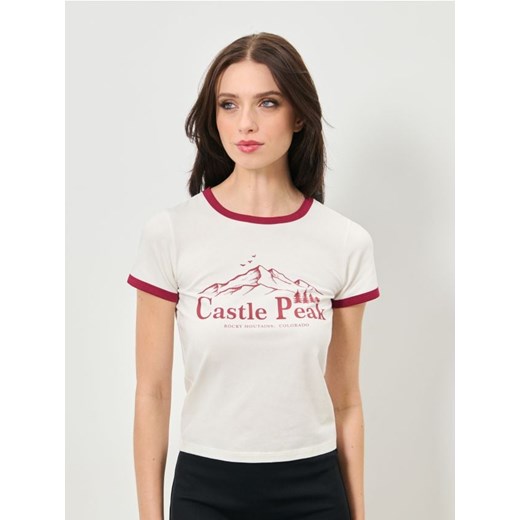 Sinsay - Bawełniana koszulka z nadrukiem - kremowy ze sklepu Sinsay w kategorii Bluzki damskie - zdjęcie 186679599