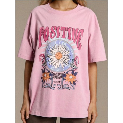 Sinsay - Bawełniana koszulka z efektem sprania - fioletowy ze sklepu Sinsay w kategorii Bluzki damskie - zdjęcie 186684788