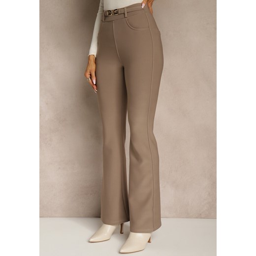 Beżowe Spodnie Dzwony High Waist w Eleganckim Stylu ze Sprzączką Tevanda Renee XL renee.pl
