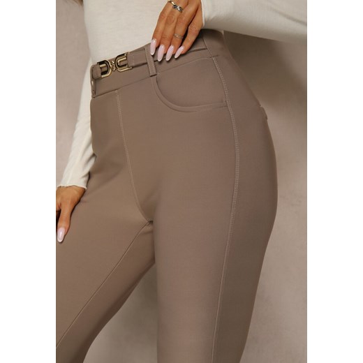 Beżowe Spodnie Dzwony High Waist w Eleganckim Stylu ze Sprzączką Tevanda Renee M renee.pl