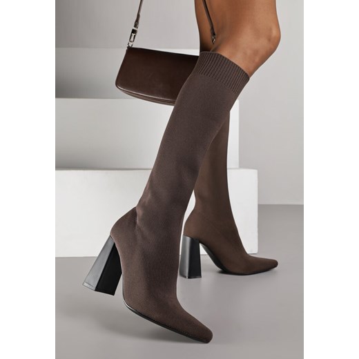 Brązowe Kozaki VICES na Słupku ze Skarpetkową Cholewką Zevona ze sklepu renee.pl w kategorii Kozaki damskie - zdjęcie 186694668