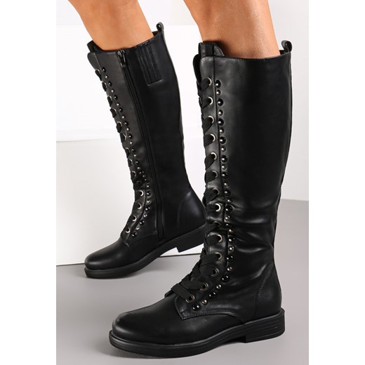 Czarne Kozaki Muszkieterki ze Sznurowaniem Kame ze sklepu born2be.pl w kategorii Kozaki damskie - zdjęcie 186695459
