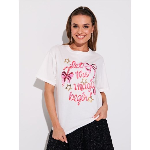 Sinsay - Bawełniana koszulka z napisem świątecznym - kremowy - id: 919GS-01X - marki Sinsay - 186696219 Sinsay - Bawełniana koszulka z napisem świątecznym - kremowy ze sklepu Sinsay w kategorii Bluzki damskie - zdjęcie 186696219
