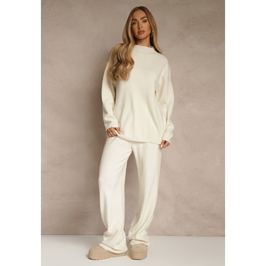 Biały Komplet Oversize z Dzianiny z Wełną Sweter i Szerokie Spodnie Alenria Renee M renee.pl